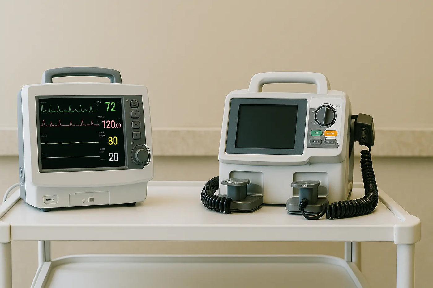 Refurbished patient monitor and defibrillator on medical trolley