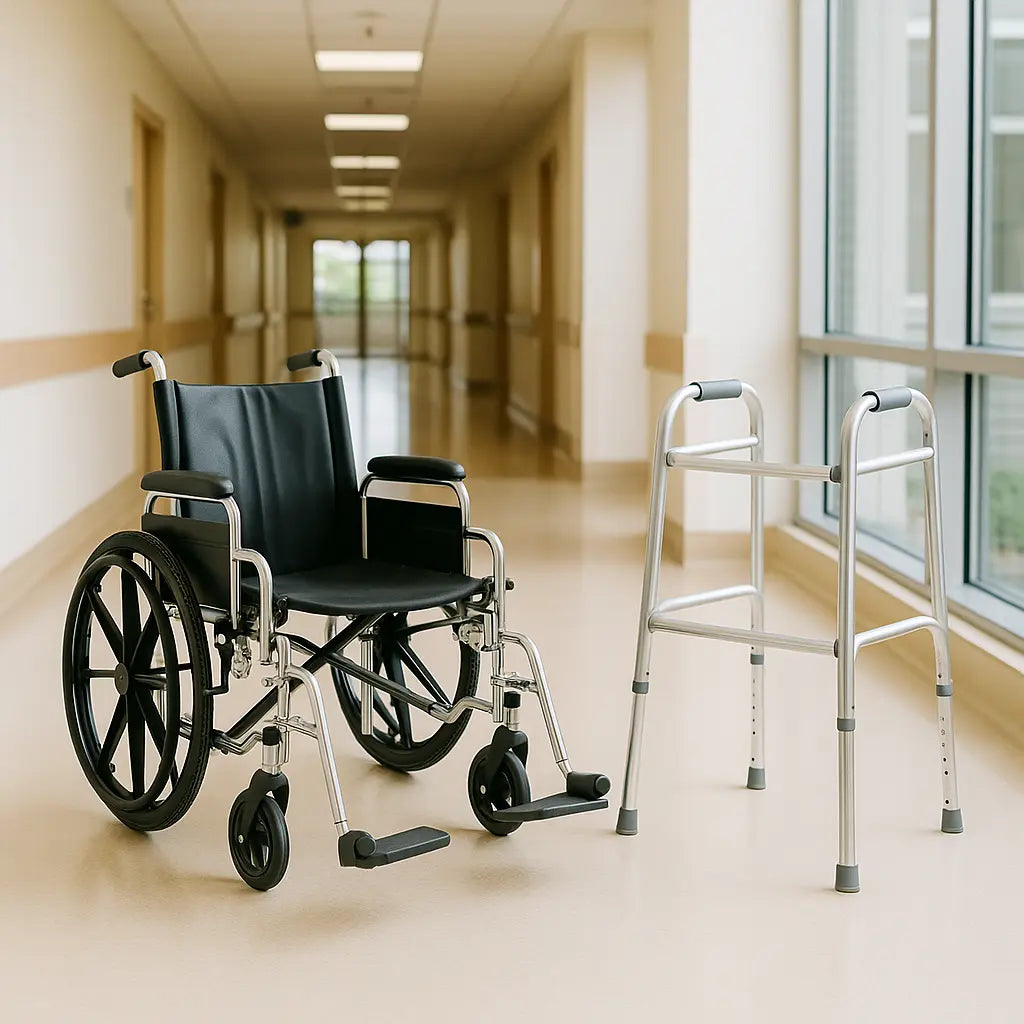 Wheelchair and walking aid displayed in hospital hallway