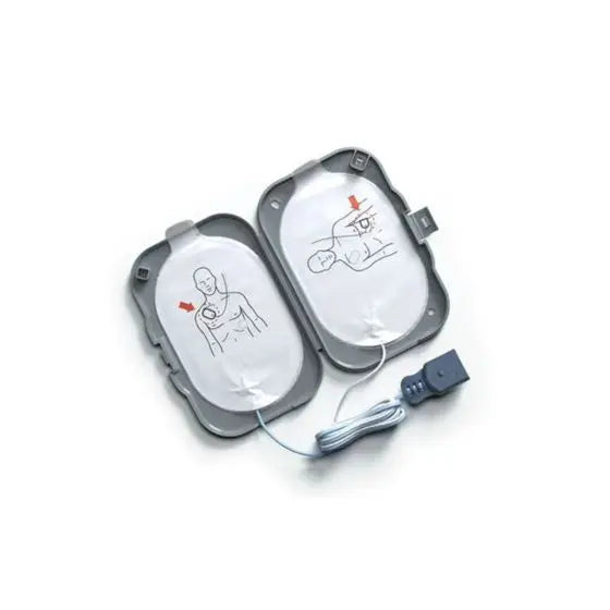 Two AED (Automated External Defibrillator) pads with a cable on a white background