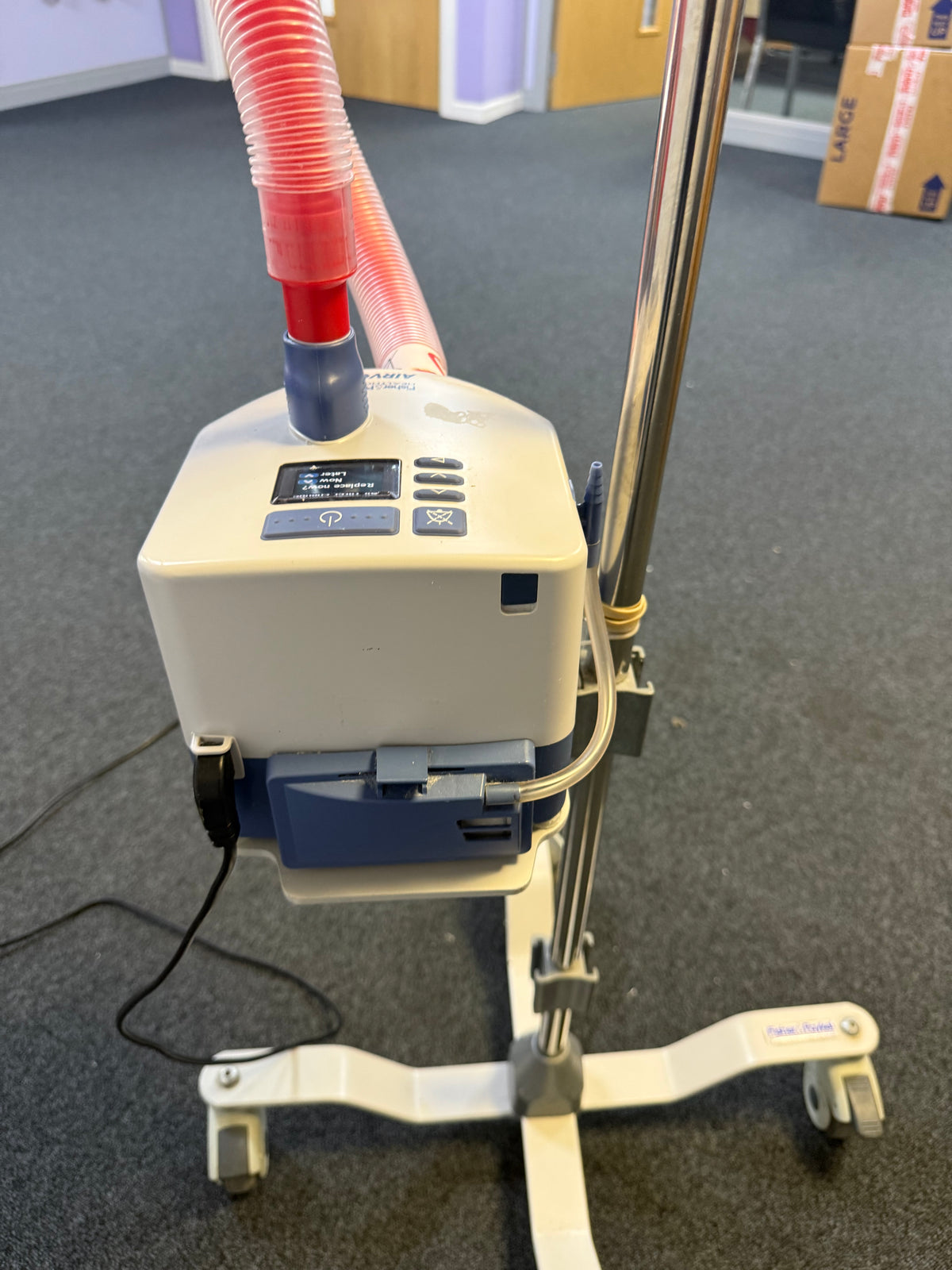 Back view of Airvo 2 high-flow therapy device with heated breathing tube