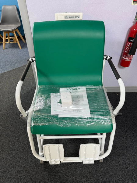 Front view of Marsden M-200 high-capacity digital chair scale with footrests and armrests