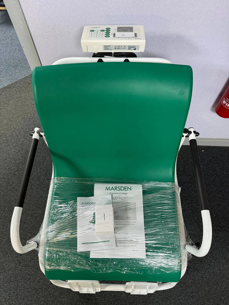 Front view of Marsden M-200 high-capacity digital chair scale with footrests and armrests