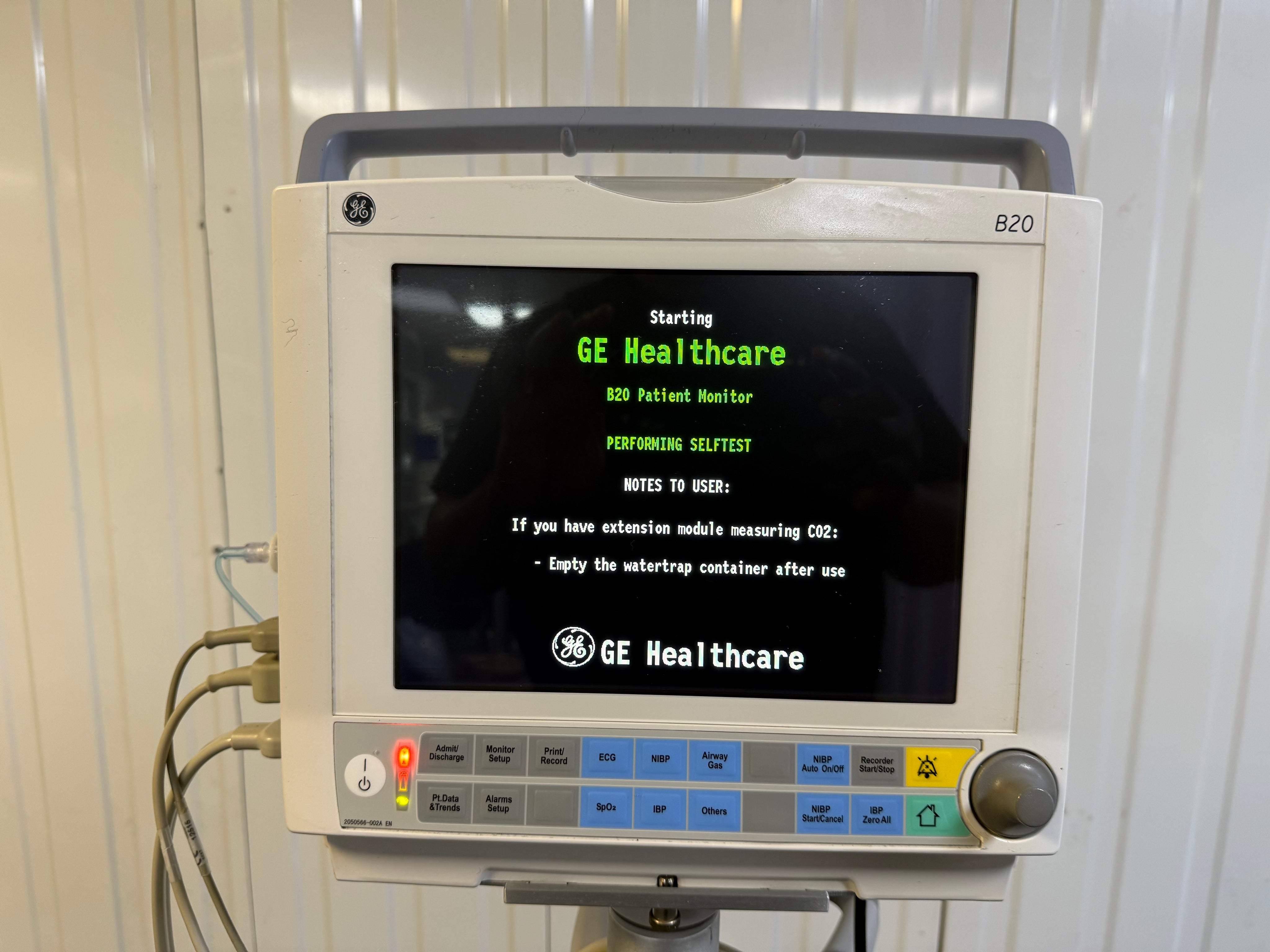 GE Carescape B20 patient monitor displaying waveforms on screen
