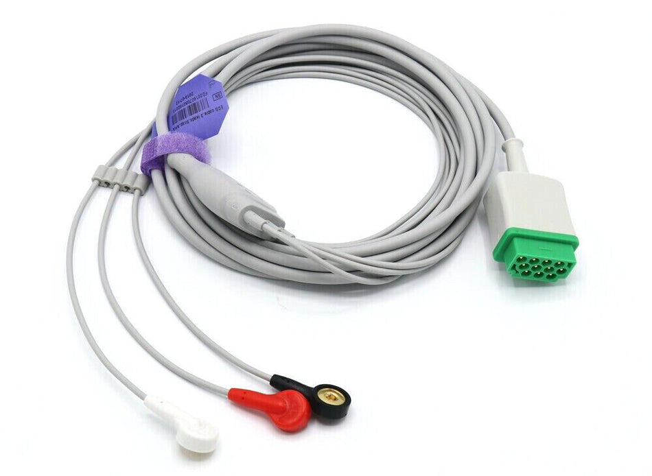 GE Marquette Patient Monitor 11 Pin Snap ECG Cable with 3-Lead Snap