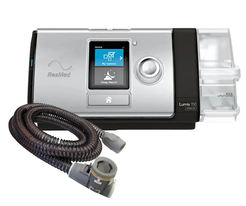 ResMed LUMIS 150 CPAP machine with hose on a white background