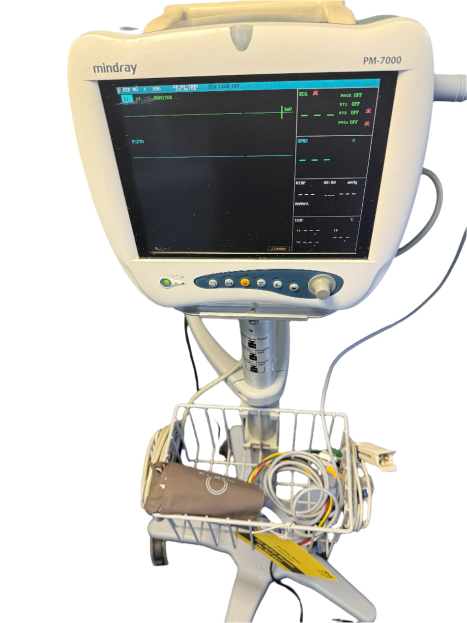 Mindray PM-7000 patient monitor with rollstand and accessories