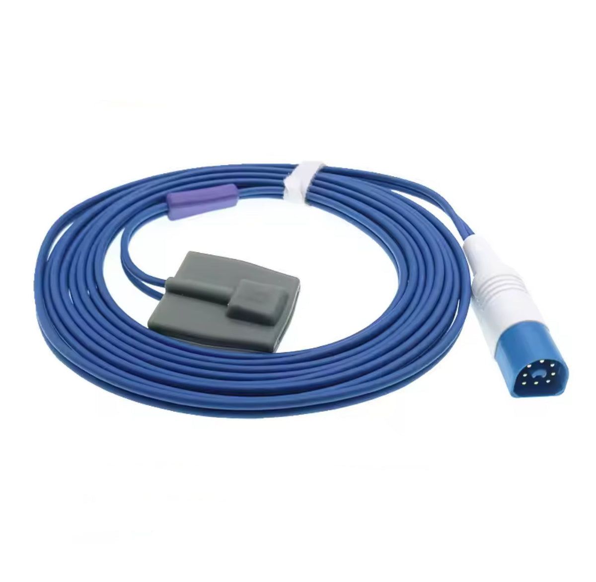 Reusable Philips pediatric silicone soft SpO2 sensor with blue cable and gray connector on a white background