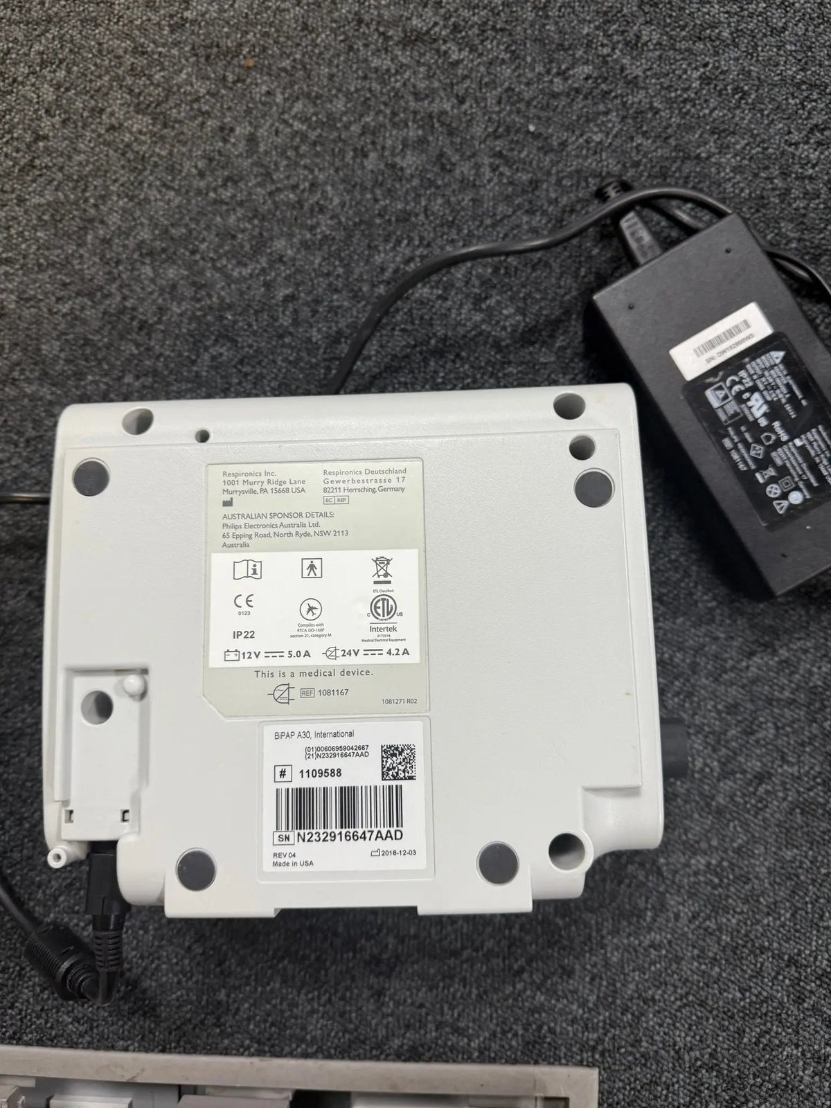 Philips Respironics BiPAP A30 Software Version 3.6 *Mfd 2018* in Carry Bag with Power Supply