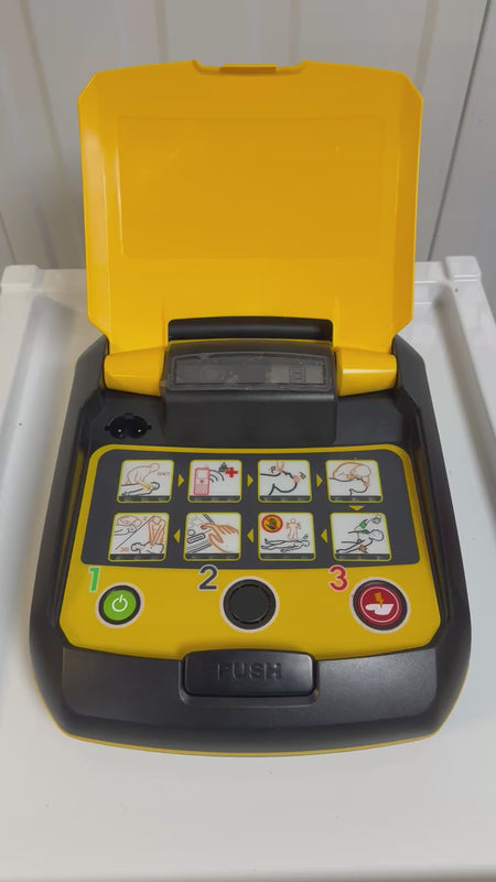 Mediana A10 AED showing LED indicators and voice prompt system