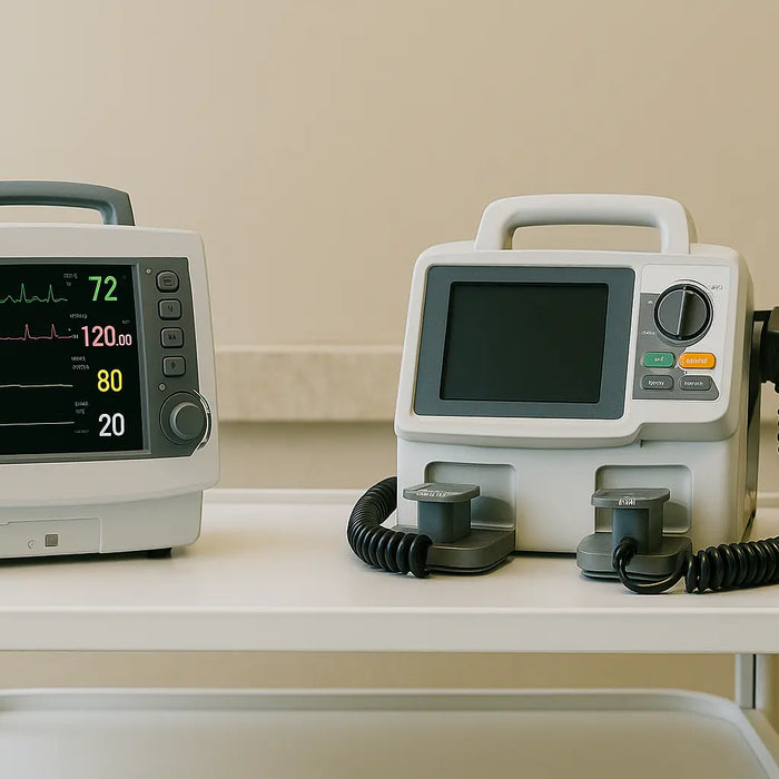 Refurbished patient monitor and defibrillator on medical trolley