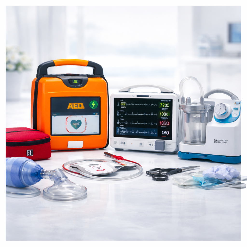Emergency and resuscitation equipment including AED defibrillator, patient monitor, suction pump and airway resuscitation accessories displayed on a clean clinical background – SelfiMed UK.