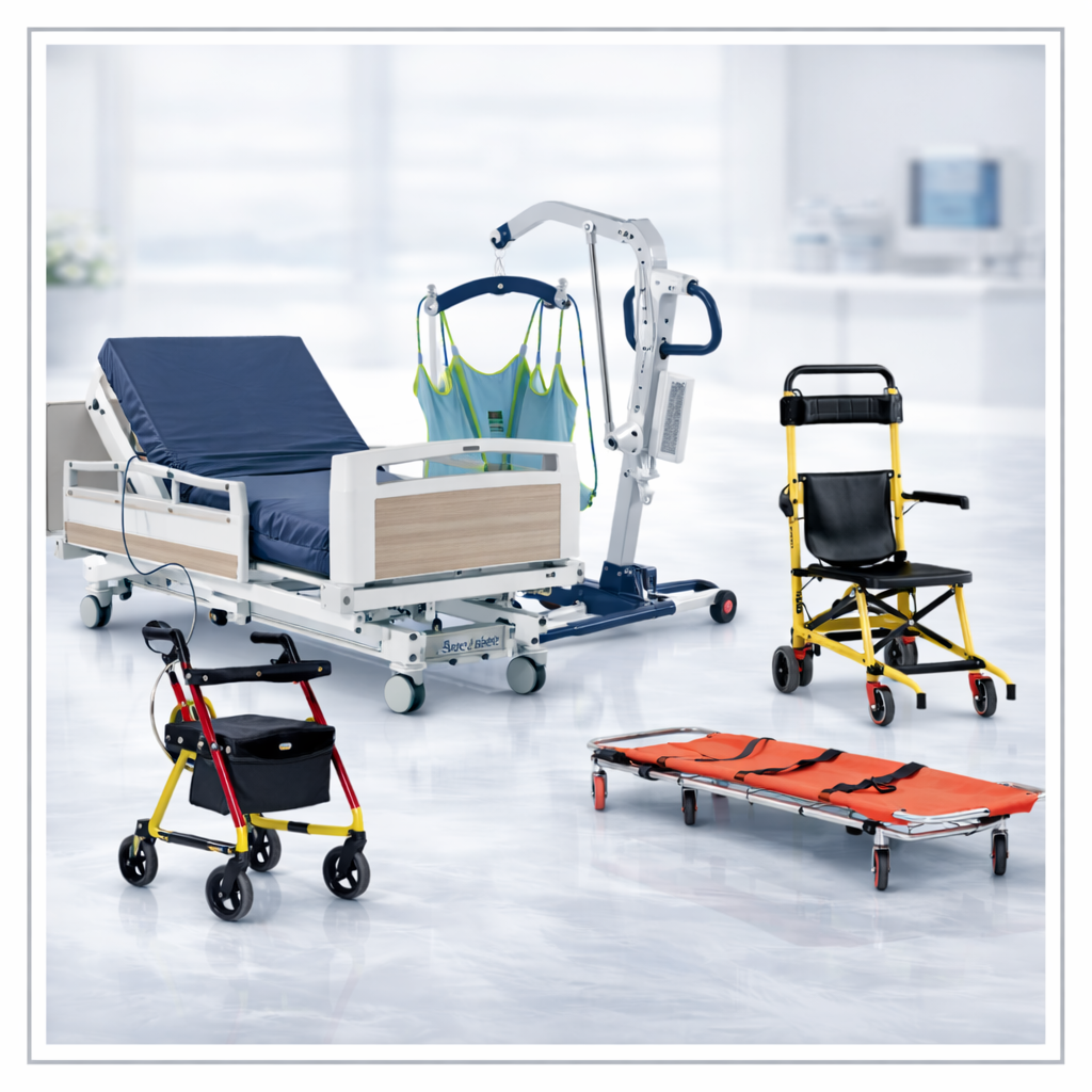 Patient care and mobility equipment including hospital bed, patient hoist, evacuation chair, transfer stretcher and mobility aids displayed on a clean clinical background – SelfiMed UK.