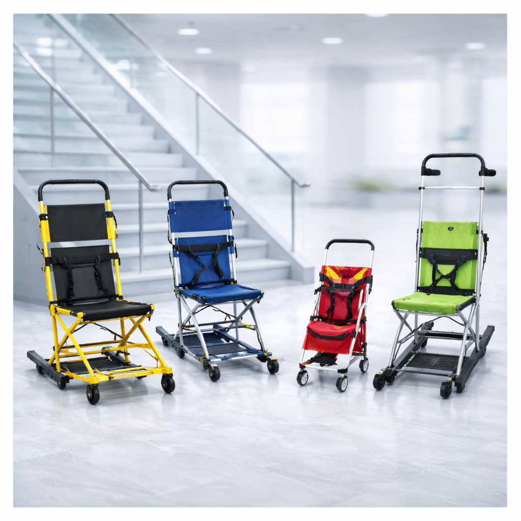 Evacuation chairs for emergency stair transport displayed in a modern clinical environment, showing foldable emergency stair chairs for safe patient evacuation – SelfiMed UK.