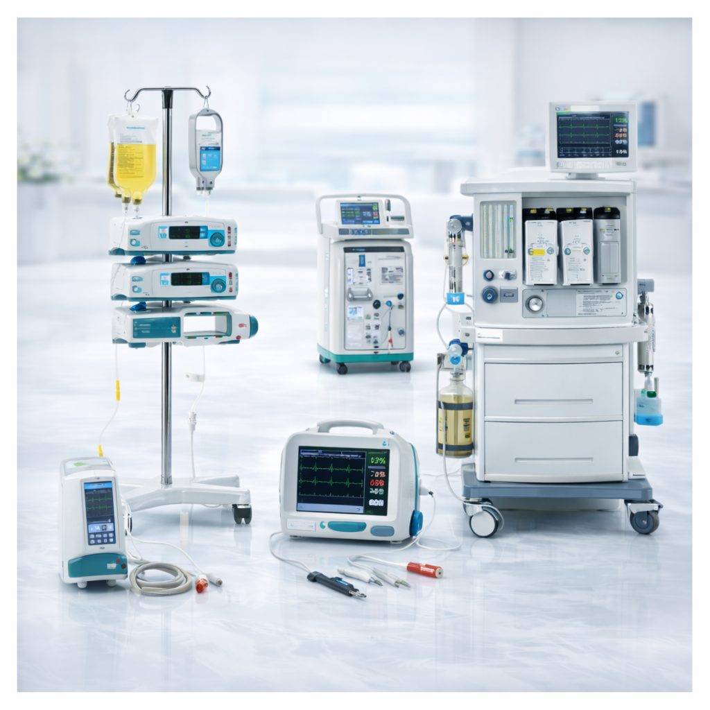 Infusion and therapy equipment including infusion pumps, syringe drivers, patient monitor and anaesthesia machine displayed on a clean clinical background – SelfiMed UK.