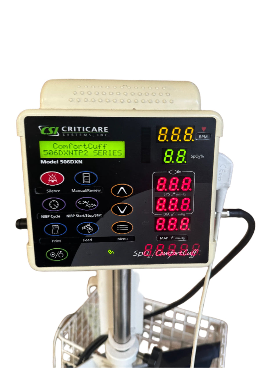 Criticare SpO2 ComfortCuff Vital Signs Patient Monitor with accessories on a Trolley stand