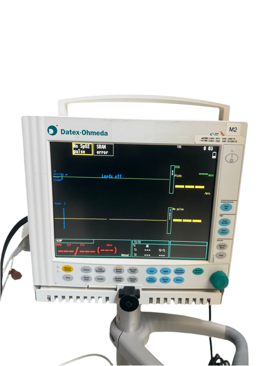 GE Datex Ohmeda S/5 FM Patient Monitor with accessories on a Trolley Stand