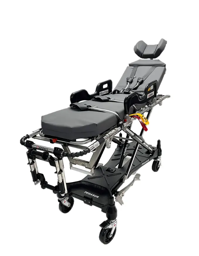 Ferno Pegasus Hydraulic Ambulance Stretcher fully extended for patient transport

