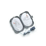 Two AED (Automated External Defibrillator) pads with a cable on a white background