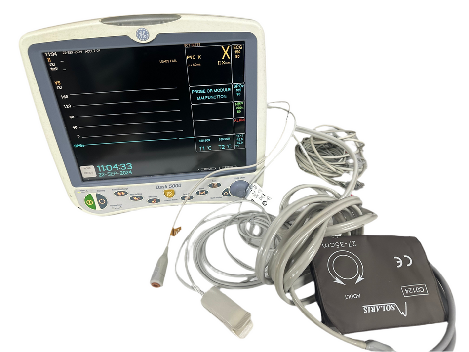 GE Dash 5000 Patient Monitor Including ECG, SpO2, NBP & Temp Cables