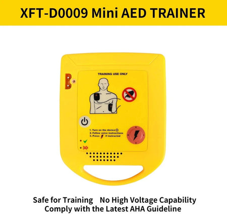 Yellow AED trainer with safety symbols and text on a white background