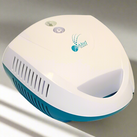 Side view of the AirMed 1000 Nebuliser machine on a white surface.