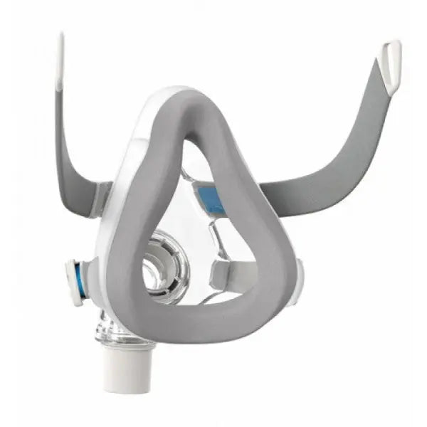 Gray and white CPAP mask on a white background