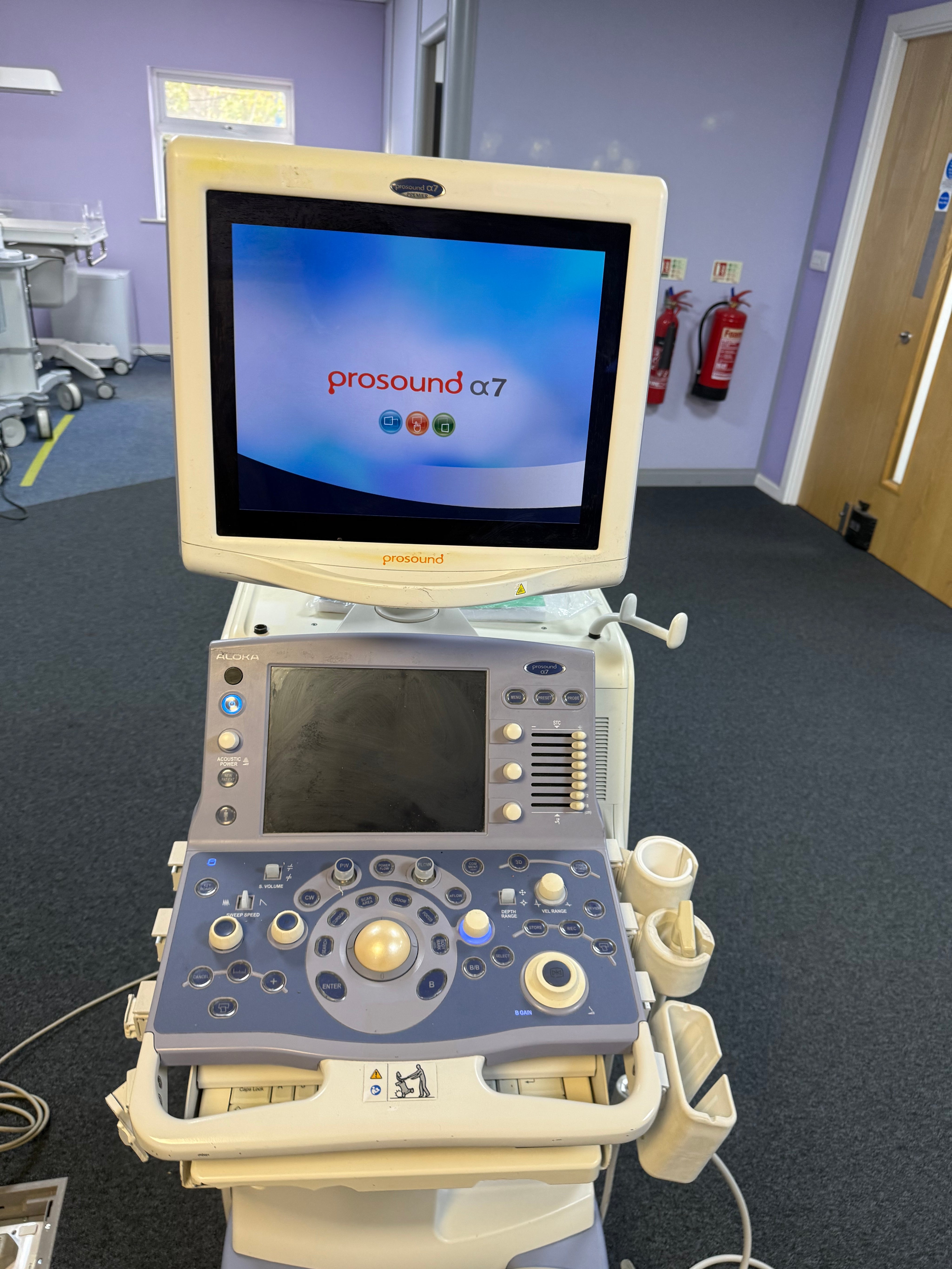 Aloka Prosound Alpha 7 ultrasound scanner with included transducer.