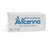 A white box for Avicenna Surgical products, featuring blue branding and text, stacked on top of another box in a warehouse or storage area.