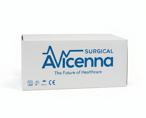 A white box for Avicenna Surgical products, featuring blue branding and text, stacked on top of another box in a warehouse or storage area.