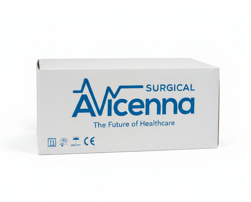 A white box for Avicenna Surgical products, featuring blue branding and text, stacked on top of another box in a warehouse or storage area.