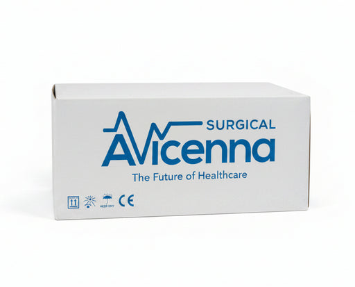 A white box for Avicenna Surgical products, featuring blue branding and text, stacked on top of another box in a warehouse or storage area.