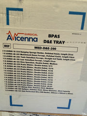 A white paper tray insert with printed text listing surgical sponge and forceps items, branded Avicenna Surgical, with the heading BPAS D&E TRAY and reference MED-D&E-200.