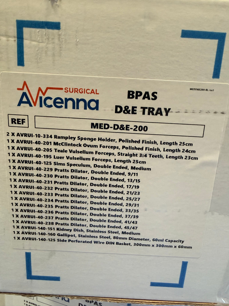 A white paper tray insert with printed text listing surgical sponge and forceps items, branded Avicenna Surgical, with the heading BPAS D&E TRAY and reference MED-D&E-200.
