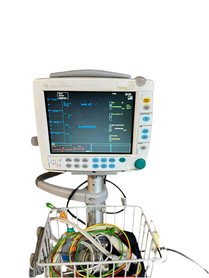 GE Datex Ohmeda S/5 FM Patient Monitor with accessories on a Trolley Stand