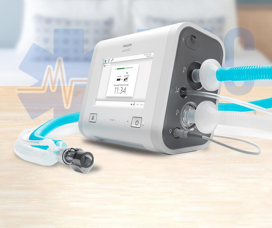 Box of Philips Trilogy Evo setup with external flow sensor and hose