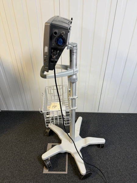 Breas life-support ventilator with rollstand and tubing attached