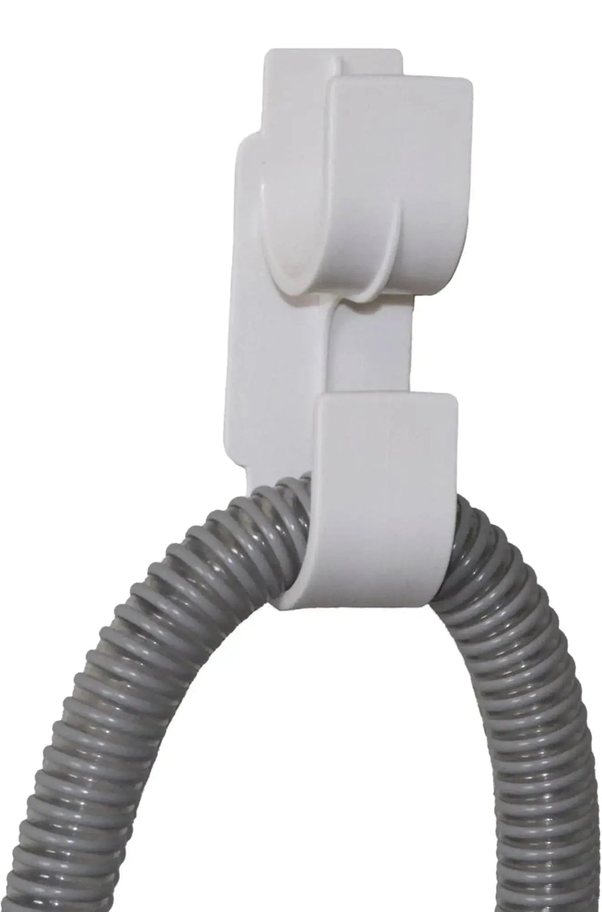 White hose holder with a coiled gray hose on a white background