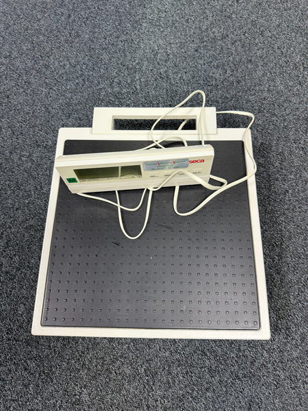 Close-up of Seca 877 scale's non-slip platform and display