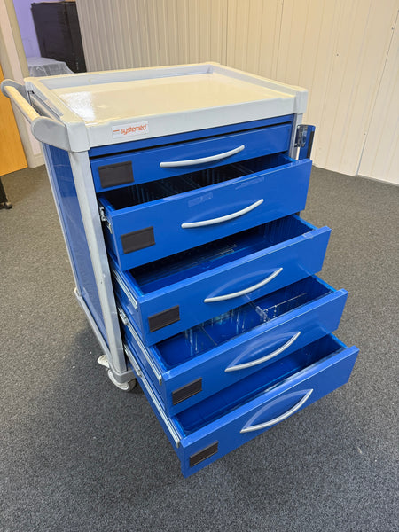 Close-up of Systemed Crash Trolley's organized storage compartments