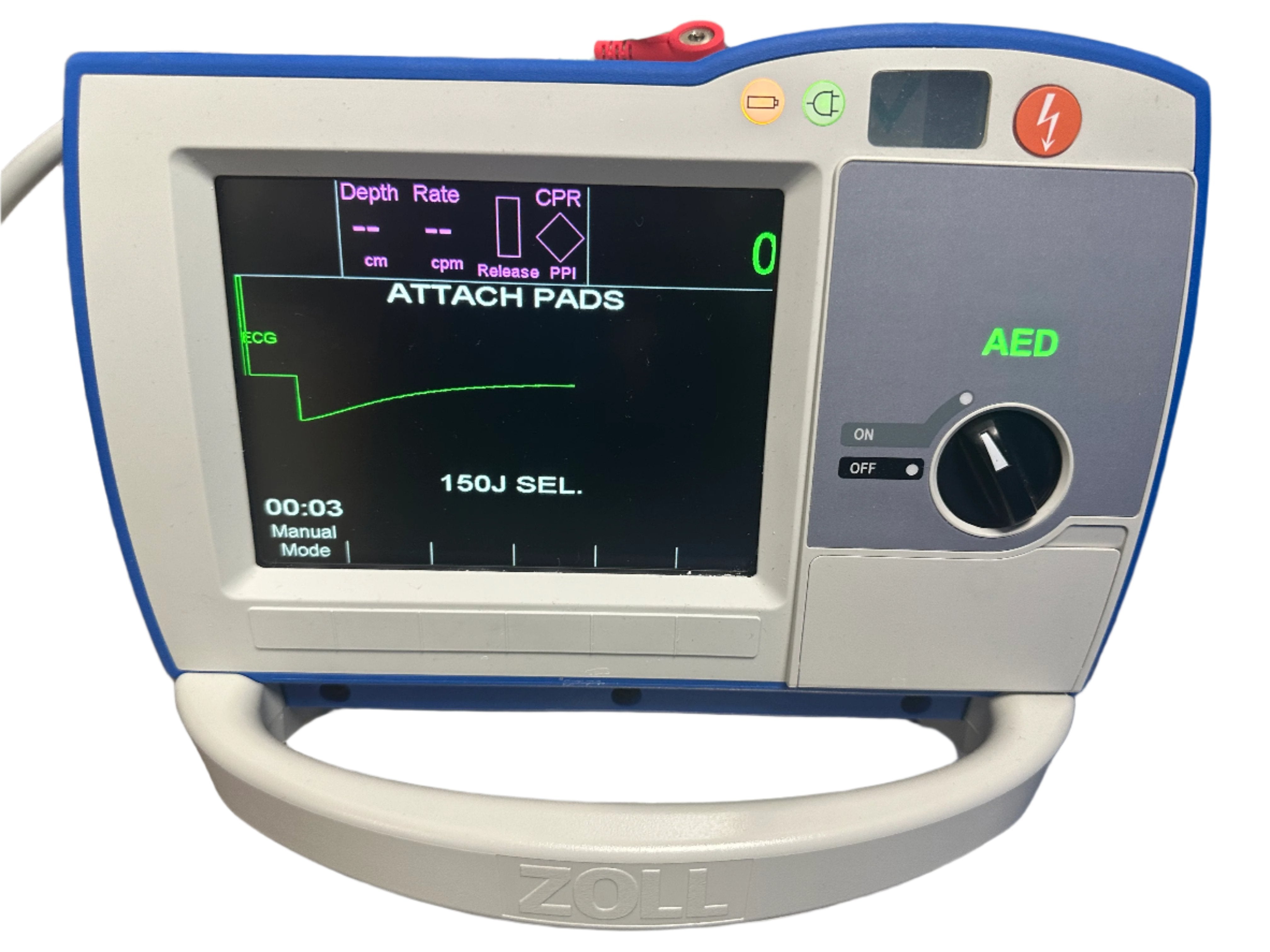 Close-up of Zoll R-Series Plus defibrillator interface