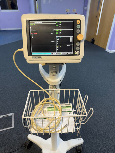 Compact Philips SureSigns VM4 monitor in use at a bedside.