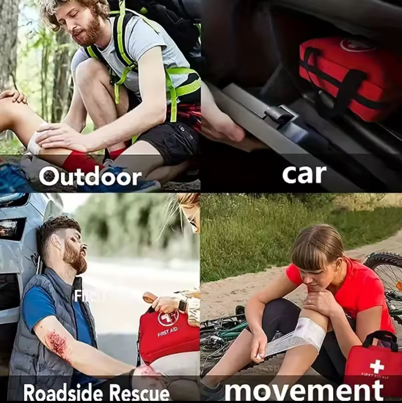 First aid kit usage in various scenarios including outdoor, car, roadside rescue, and movement.