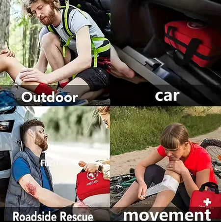 First aid kit usage in various scenarios including outdoor, car, roadside rescue, and movement.