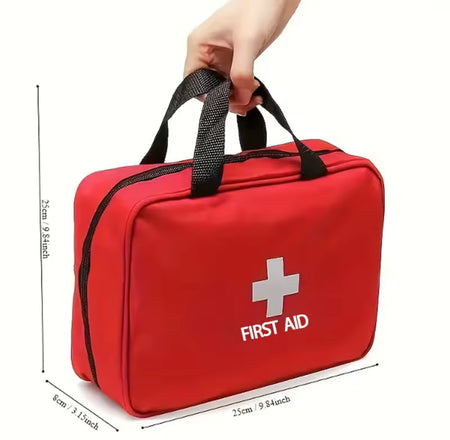 Compact red first aid kit with zip closure and handle