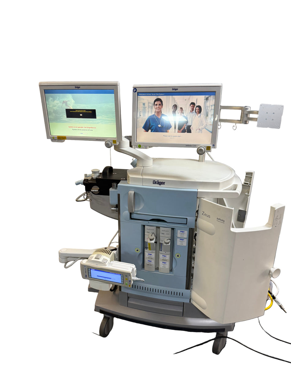 Dräger Zeus IE anaesthesia machine with dual monitors on trolley