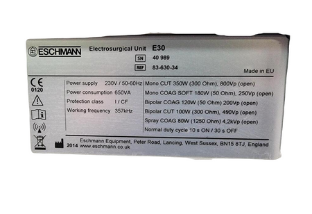 Eschmann electrosurgical unit E30 with label on a blue background