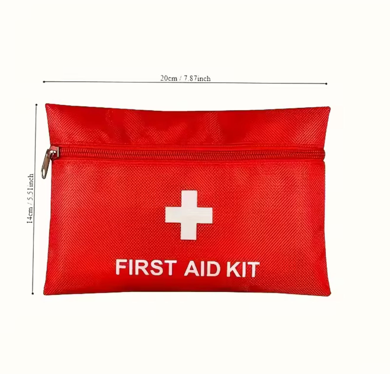 Red first aid kit with a white cross and text, showing dimensions on a white background