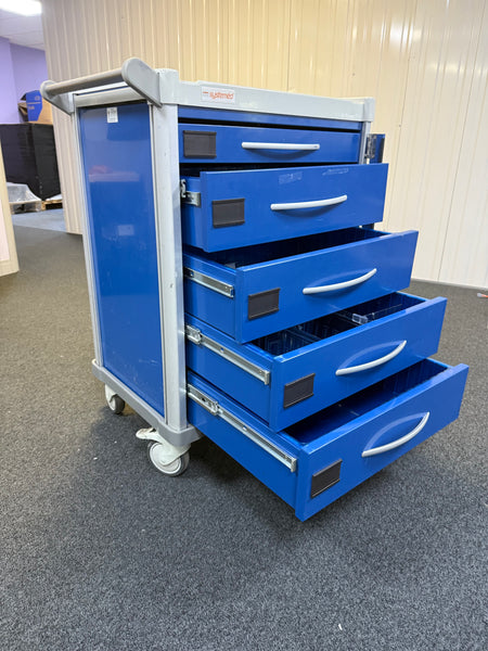 Front View of Mobile Systemed Crash Trolley with opened drawers