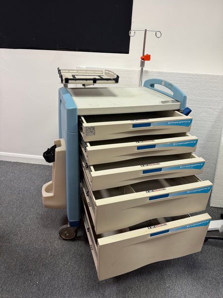 Front view of Artromick Avalo Emergency Crash Trolley fully assembled with drawers
