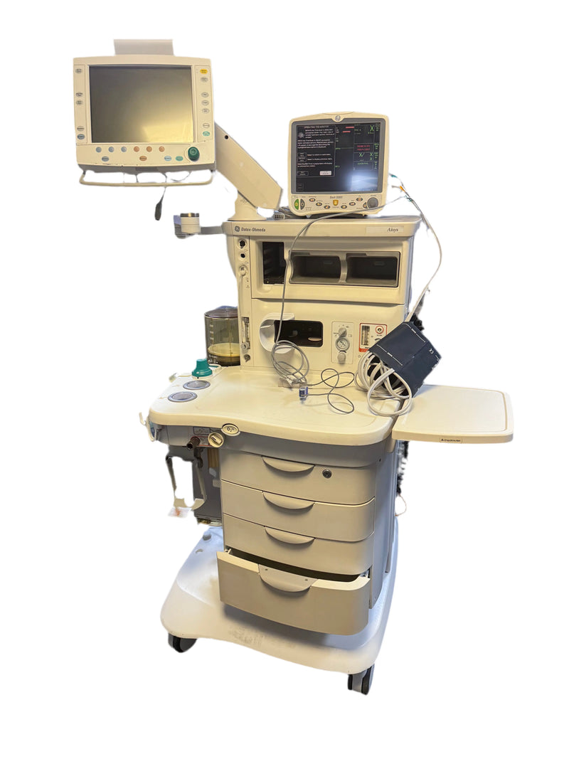 Front view of Datex-Ohmeda Aisys Anaesthesia Machine with Dash 5000 monitor with additional cables